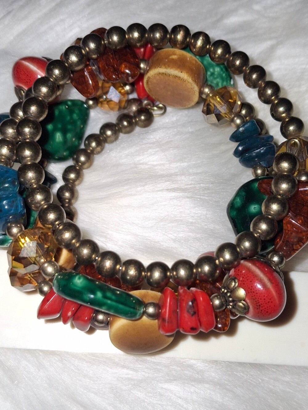 Boho Multicolor Wire Wrap Beaded Ceramic Faux Gemstone Bracelet Set
